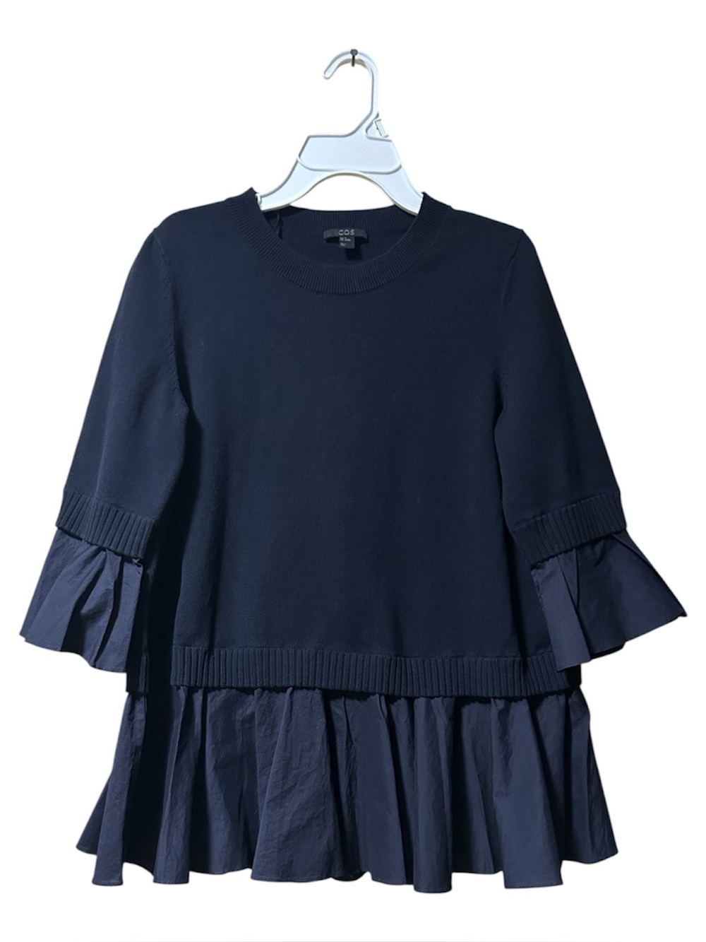 COS Navy Blue Mixed Media Knitted Sweater With Shirt Detail Ruffle Hem Size XS